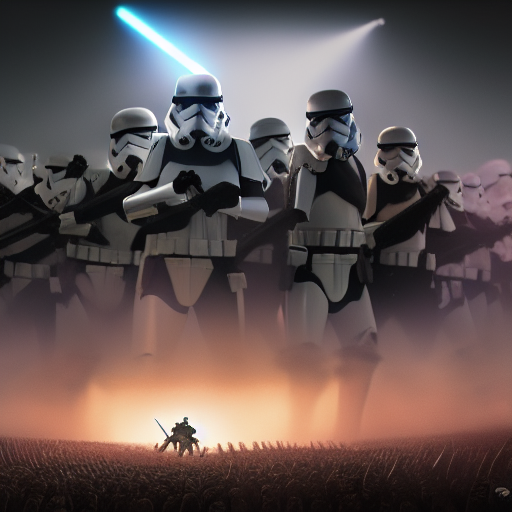 The camera zooms out, showing a panoramic view of the entire battlefield, with stormtroopers and knights lying motionless on the ground, while Merlin and the Jedi look on in triumph.